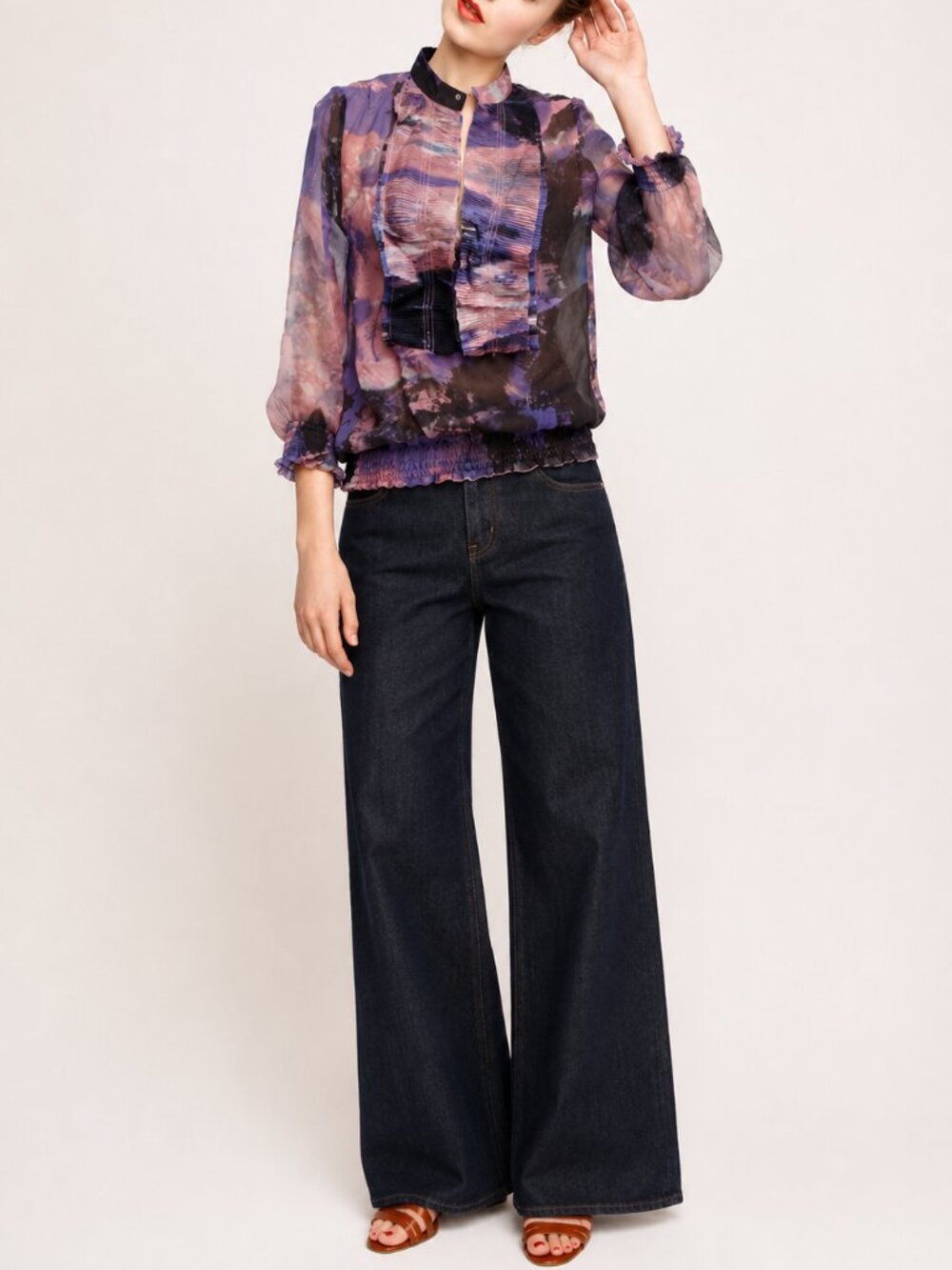 Silk Printed Embellished Neckline Blouse (0394)